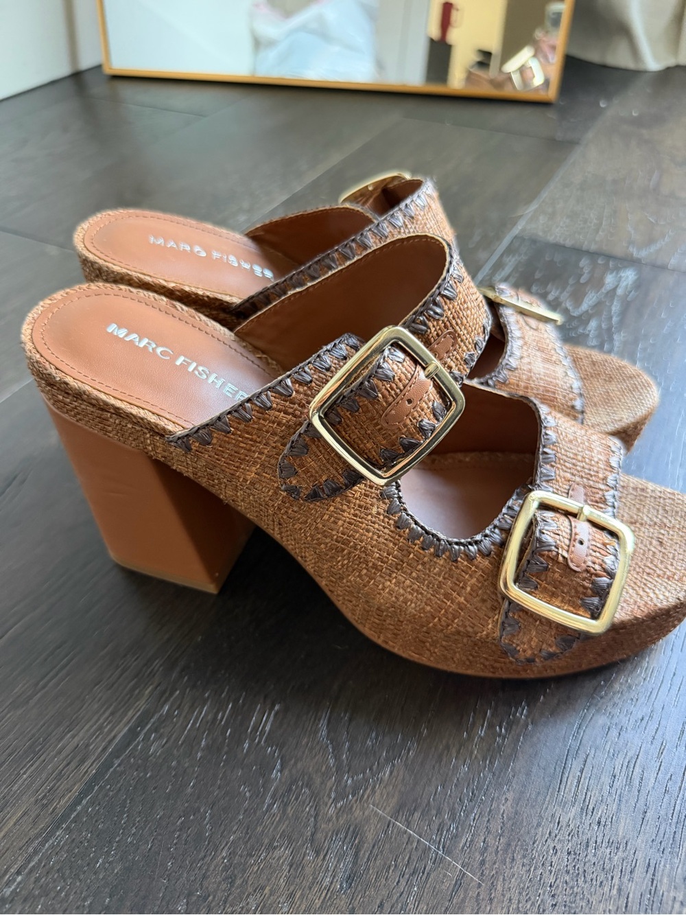Marc Fisher Tan Brown Textured Leather Platform Mules with Gold Buckles